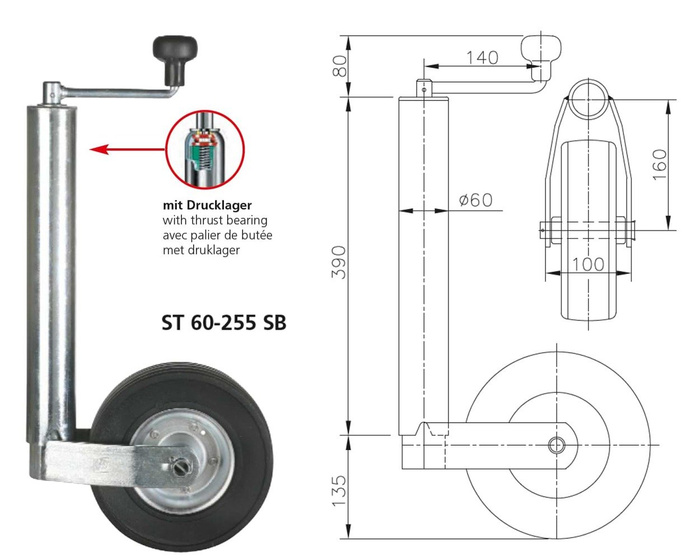 WINTERHOFF ST60-255SB опорно колело 250 кг 60 мм 525-755 мм