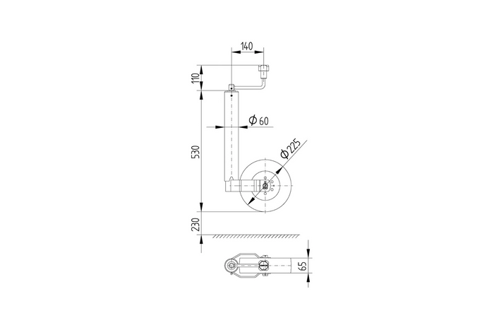 Опорно колело със скоба KNOTT TK60+KLE60 250кг 60мм 530-760мм